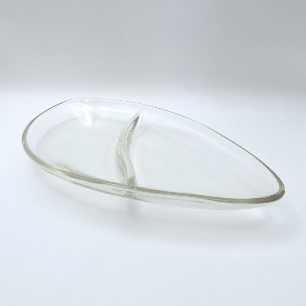 Vintage Clear Glass Divided Relish Dish Snack Tray Curved Mid Century Modern 9"